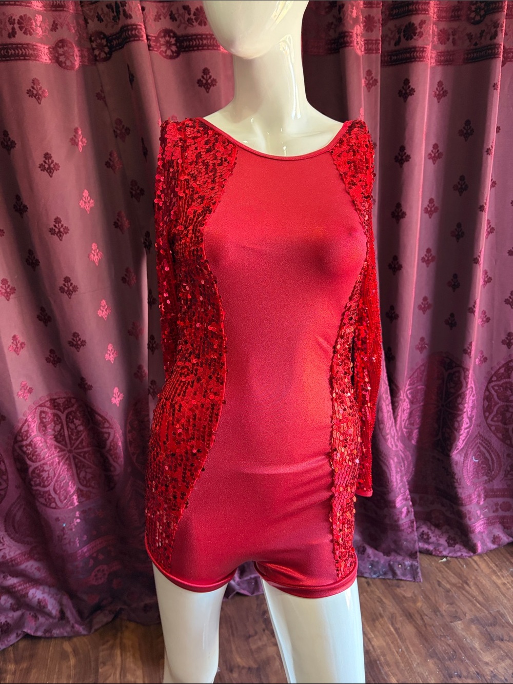 Balera Red Sequin Bodycon Long Sleeve Romper Costume Adult Small